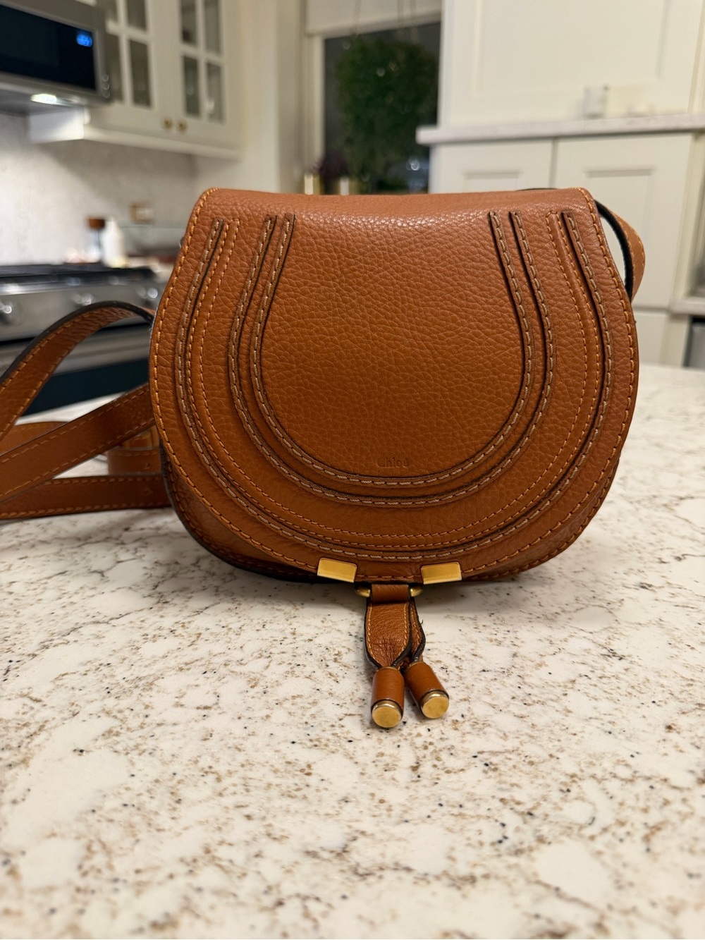 Chloe Tan Pebbled Leather Marcie Small Crossbody Saddle Bag *flaw*